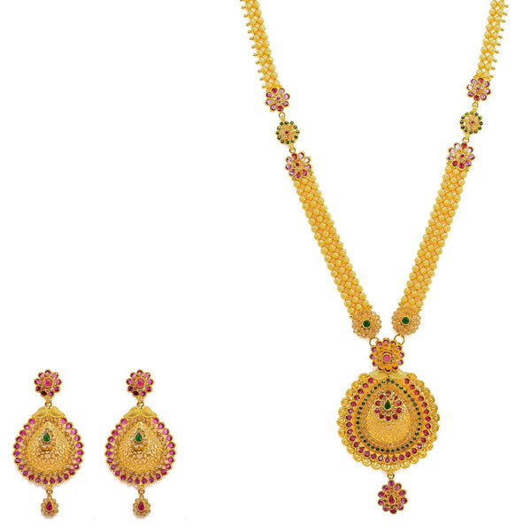 22K Yellow Gold Necklace And Earrings Set W/ Rubies, Emeralds, CZ Gems, Flower Charms & Pear Pendants - Virani Jewelers |  22K Yellow Gold Necklace And Earrings Set W/ Rubies, Emeralds, CZ Gems, Flower Charms & Pear...