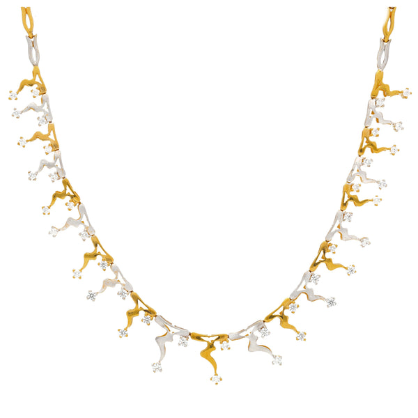 An image of the 22K white and yellow gold necklace with gemstone embellishments from Virani Jewelers. | Show off your unique sense of style with this one-of-a-kind 22K gold necklace set from Virani Jew...