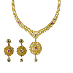 22K Yellow Gold Necklace Set W/ Emeralds, Rubies, CZ Gems & Large Flower Pendants - Virani Jewelers
