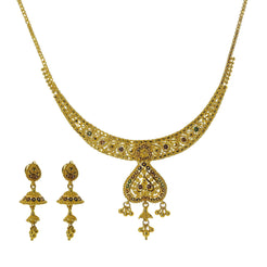 22K Yellow Gold Meenakari Necklace Set W/ Beaded Filigree & Jhumki Earrings - Virani Jewelers