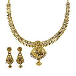 22K Yellow Gold Meenakari Necklace Set W/ Abstract Peacock Pendants - Virani Jewelers