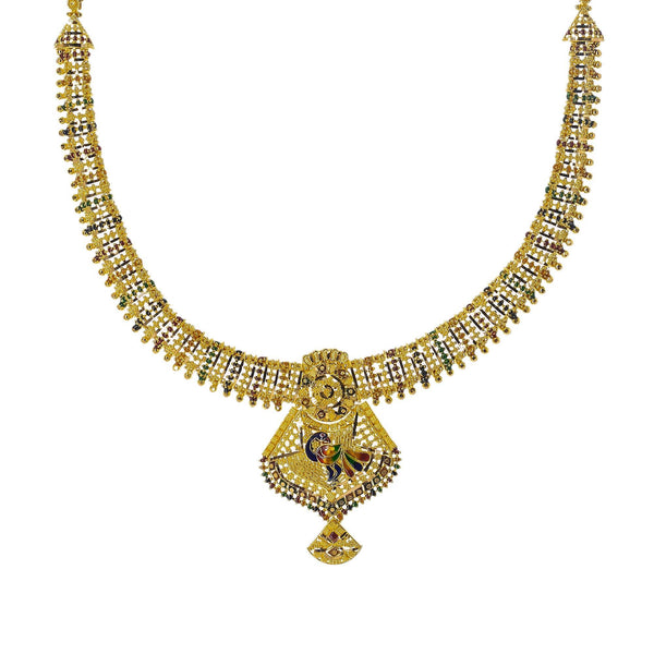 22K Yellow Gold Meenakari Necklace Set W/ Abstract Peacock Pendants - Virani Jewelers | Enter every room with statement pieces that speak before you do, such as with this exquisite 22K ...