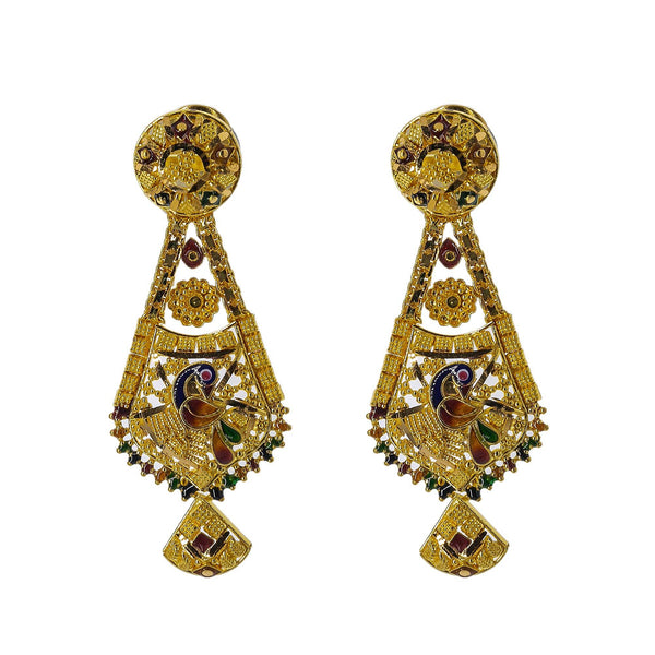 22K Yellow Gold Meenakari Necklace Set W/ Abstract Peacock Pendants - Virani Jewelers | Enter every room with statement pieces that speak before you do, such as with this exquisite 22K ...