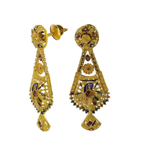 22K Yellow Gold Meenakari Necklace Set W/ Abstract Peacock Pendants - Virani Jewelers | Enter every room with statement pieces that speak before you do, such as with this exquisite 22K ...