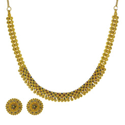 22K Yellow Gold Meenakari Necklace Set W/ Gold Bead Balls & Round Shield Earrings - Virani Jewelers