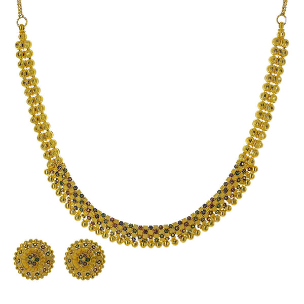 22K Yellow Gold Meenakari Necklace Set W/ Gold Bead Balls & Round Shield Earrings - Virani Jewelers | Enter into every room with statement pieces that speak before you do, such as this exquisite 22K ...