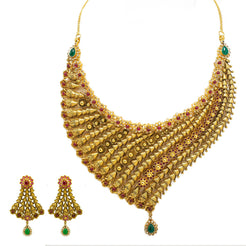 22K Yellow Gold Necklace & Earring Set W/ Ruby, Emerald, CZ Gems, Clustered Flowers & Gold Caps Design - Virani Jewelers
