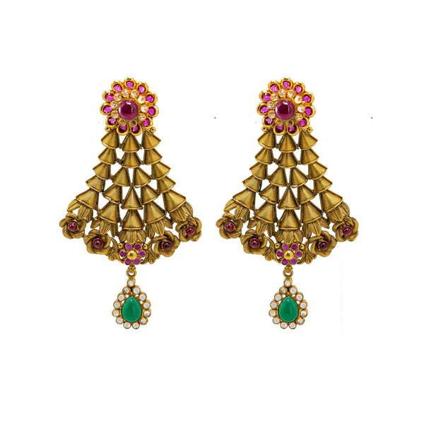 22K Yellow Gold Necklace & Earring Set W/ Ruby, Emerald, CZ Gems, Clustered Flowers & Gold Caps Design - Virani Jewelers |  22K Yellow Gold Necklace & Earring Set W/ Ruby, Emerald, CZ Gems, Clustered Flowers & Go...