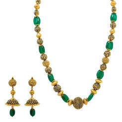 22K Yellow Gold Necklace & Jhumki Earring Set W/ Emerald & Unique Detailed Gold Beads - Virani Jewelers