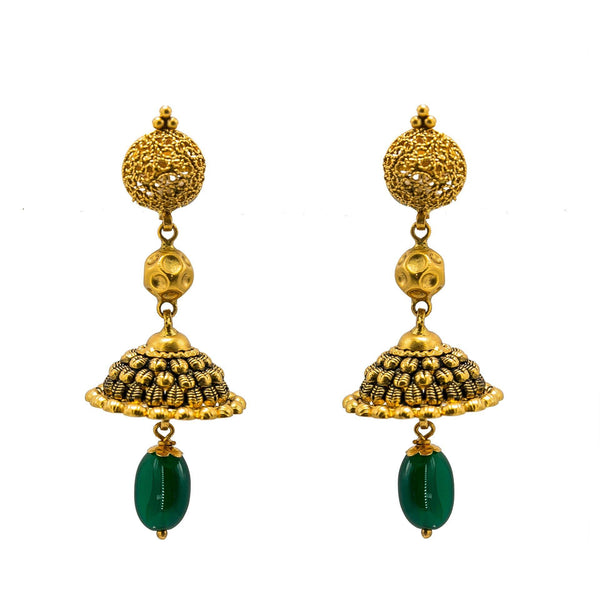 22K Yellow Gold Necklace & Jhumki Earring Set W/ Emerald & Unique Detailed Gold Beads - Virani Jewelers |  22K Yellow Gold Necklace & Jhumki Earring Set W/ Emerald & Unique Detailed Gold Beads fo...