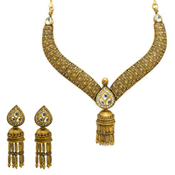 22K Yellow Gold Necklace & Jhumki Earring Set W/ Kundan on Pear Shape Accents & Raining Jhumki Designs - Virani Jewelers