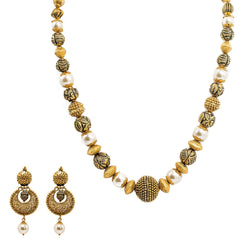 22K Yellow Gold Necklace & Chandbali Earrings Set W/ Pearls & Hallow Textured Beads - Virani Jewelers