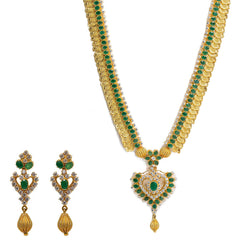 22K Yellow Gold Necklace & Earrings Set W/ Emeralds, CZ Gems & Large Heart Pendants - Virani Jewelers