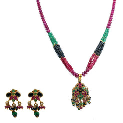 22K Yellow Gold Necklace & Earrings Set W/ Rubies, Black Sapphires & Emeralds - Virani Jewelers