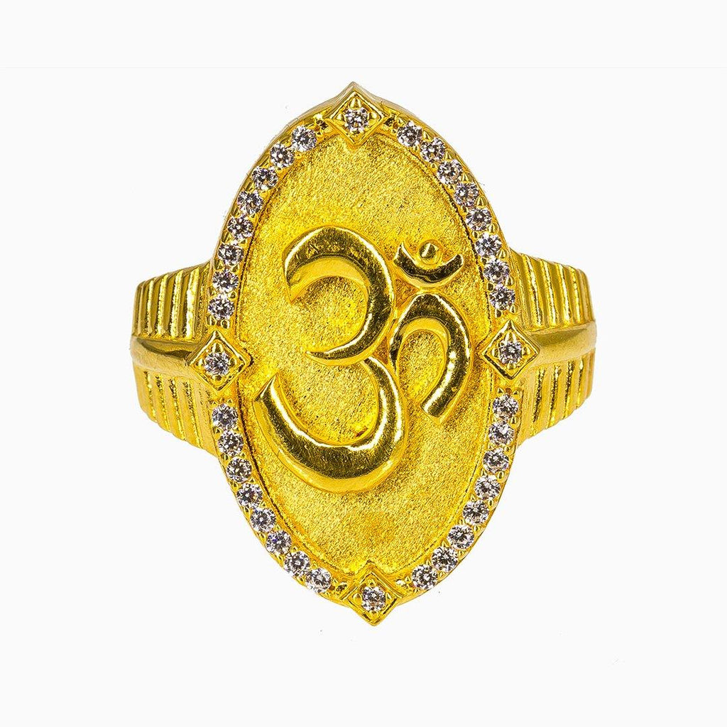 22K Yellow Gold Om Ring for Men W/ CZ Gems & Flat Shield Frame - Virani Jewelers | This is a 22K yellow gold Om ring design for men. Our unique 22K yellow gold Om ring features a f...