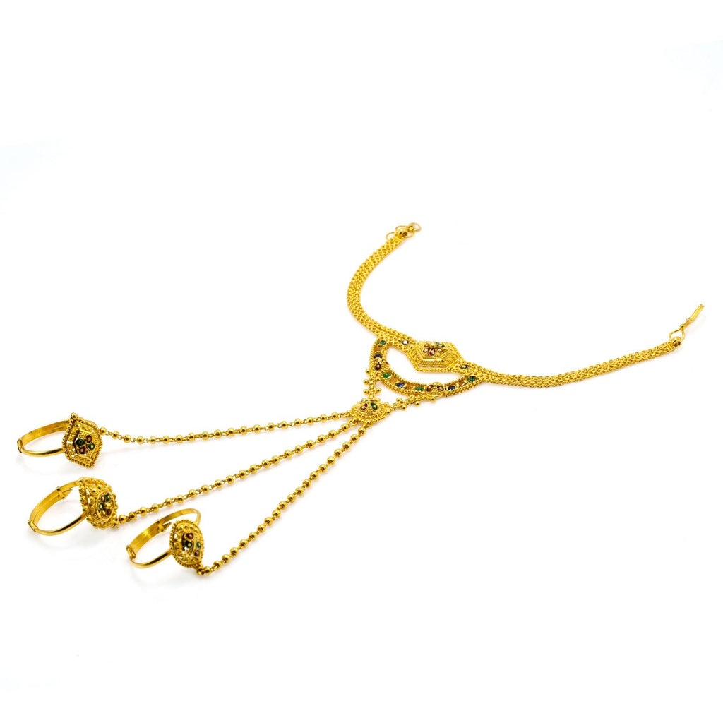 22K Multi Tone Gold Panja Finger Bracelet W/ Meenakari Designs, Beaded Chains & Triple Rings - Virani Jewelers |  22K Multi Tone Gold Panja Finger Bracelet W/ Meenakari Designs, Beaded Chain & Triple Rings ...