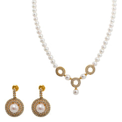 22K Yellow Gold Pearl Necklace & Earrings Set W/ Pearls, CZ Gems & Round Eyelet Accents - Virani Jewelers