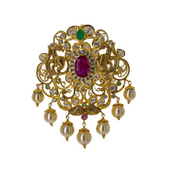 22K Yellow Gold Pendant W/ Emeralds, Rubies, CZ Gemstones & Hanging Pearls, 23gm - Virani Jewelers