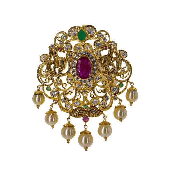 22K Yellow Gold Pendant W/ Emeralds, Rubies, CZ Gemstones & Hanging Pearls, 23gm - Virani Jewelers | Grace your final look with a touch of gold and precious gemstone jewelry such as this 22K yellow ...