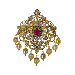 22K Yellow Gold Pendant W/ Emeralds, Rubies, CZ Gemstones & Hanging Pearls, 22.8gm - Virani Jewelers