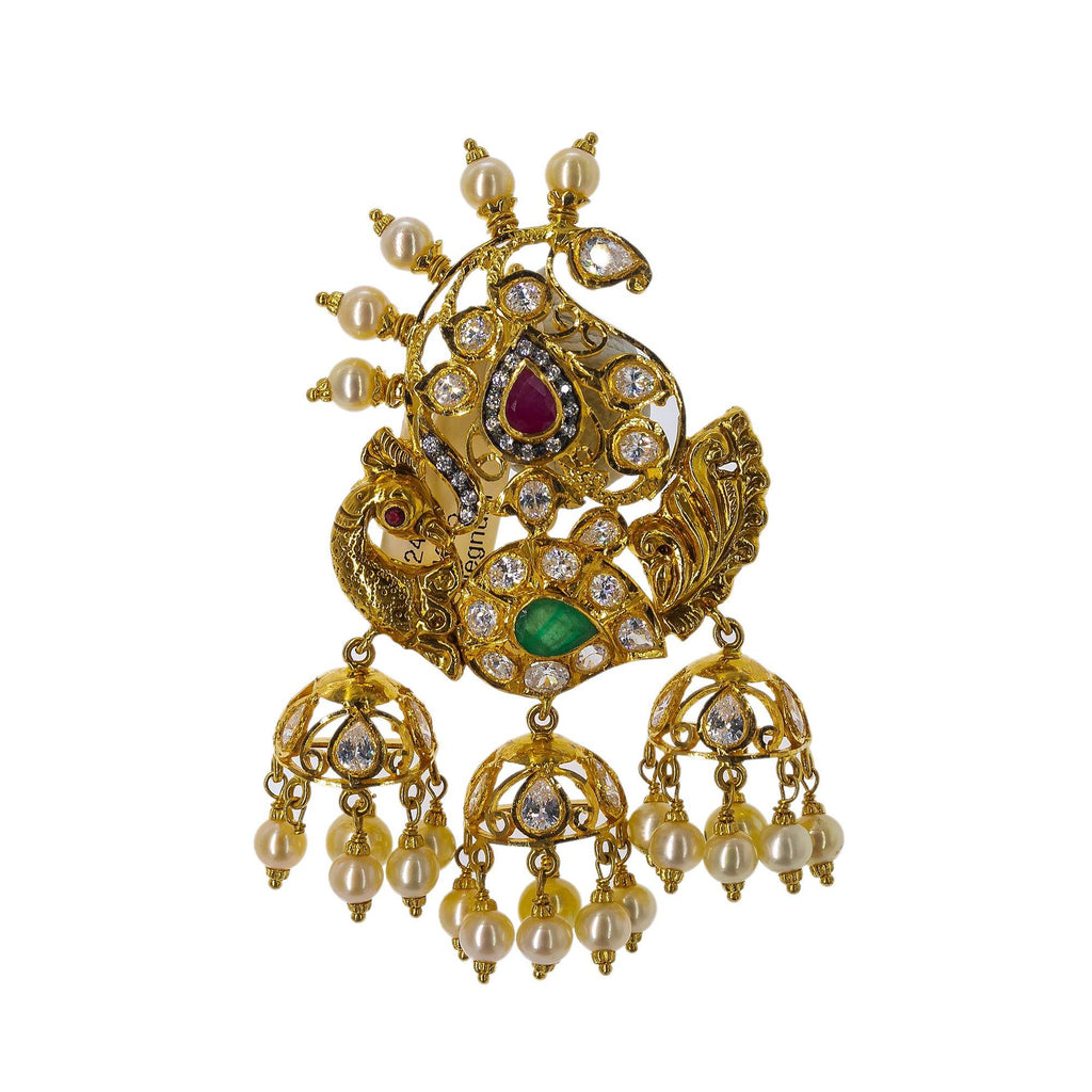 22K Yellow Gold Peacock Pendant W/ Emeralds, Rubies, CZ Gemstones & Hanging Pearls, 22.1gm - Virani Jewelers | Grace your final look with a touch of gold and precious gemstone jewelry such as this 22K yellow ...
