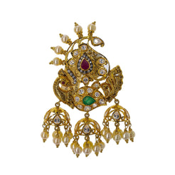 22K Yellow Gold Peacock Pendant W/ Emeralds, Rubies, CZ Gemstones & Hanging Pearls, 22.1gm - Virani Jewelers