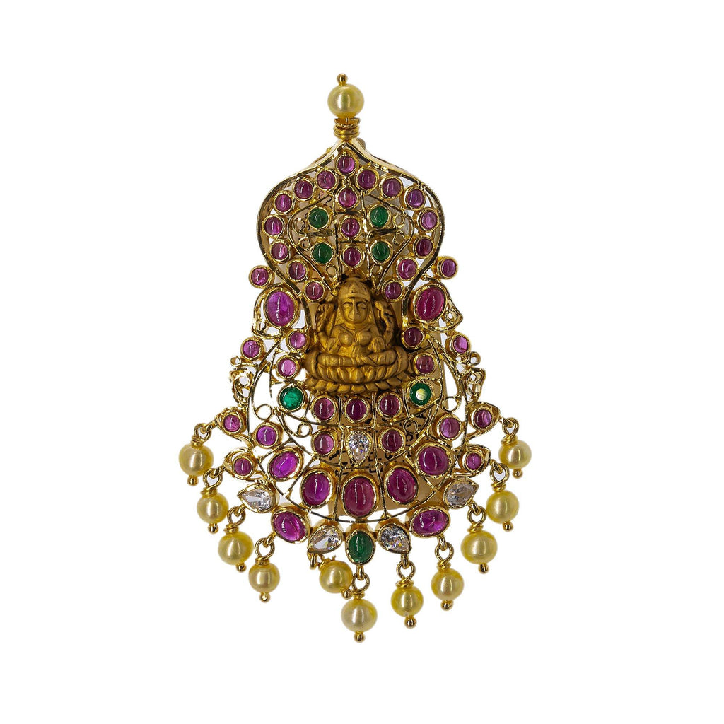 22K Yellow Gold Laxmi Pendant W/ Emeralds, Rubies, CZ Gemstones & Hanging Pearls, 22.1gm - Virani Jewelers | Grace your final look with a touch of gold and precious gemstone jewelry such as this 22K yellow ...