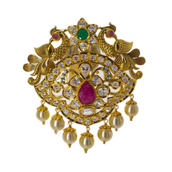 22K Yellow Gold Eyelet Pendant W/ Emeralds, Rubies, CZ Gemstones, Pearls & Peacocks, 24.5gm - Virani Jewelers