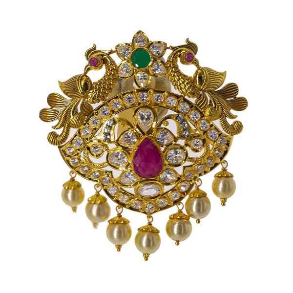 22K Yellow Gold Eyelet Pendant W/ Emeralds, Rubies, CZ Gemstones, Pearls & Peacocks, 24.5gm - Virani Jewelers | Grace your final look with a touch of gold and precious gemstone jewelry such as this 22K yellow ...