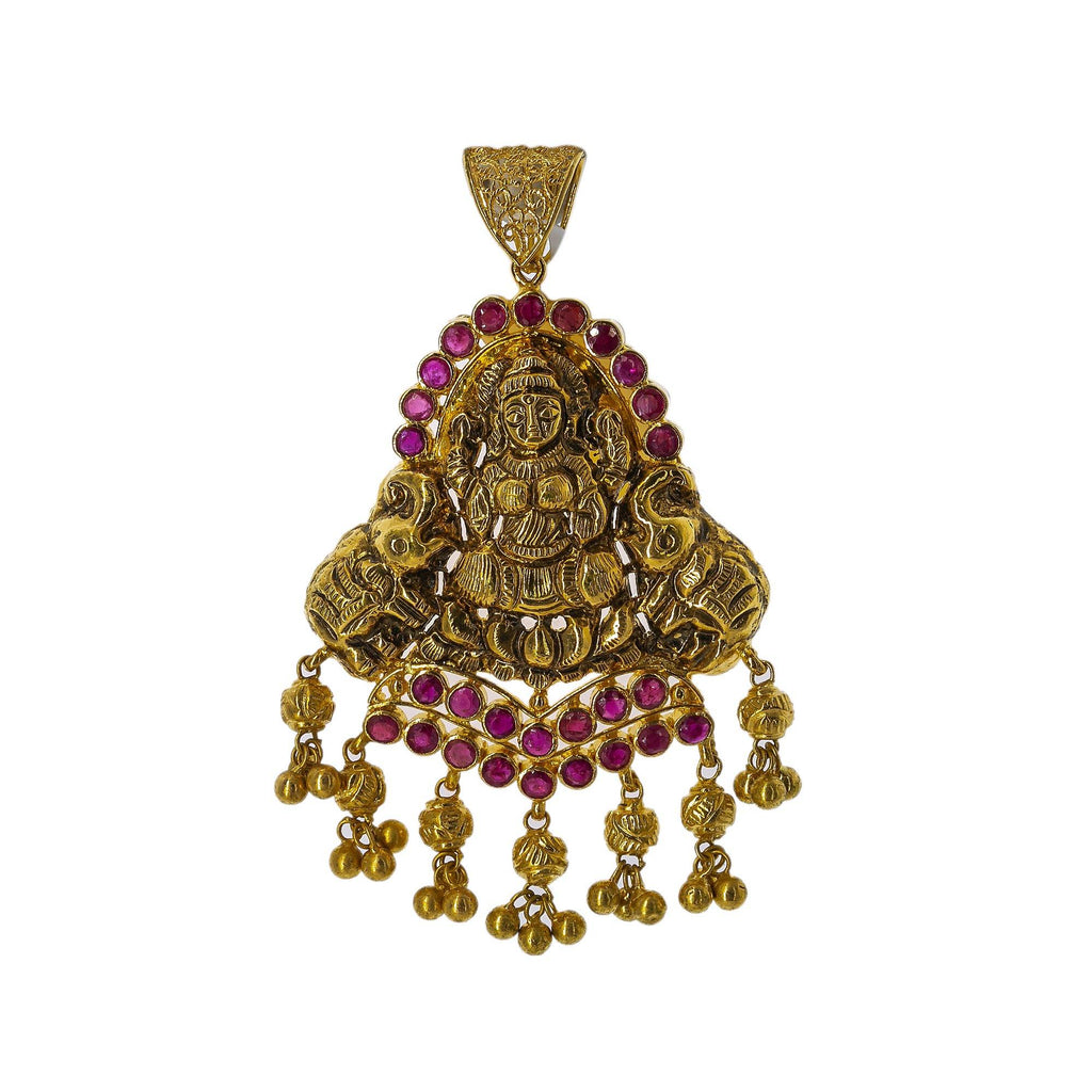22K Yellow Gold Antique Laxmi Pendant W/ Rubies, 13.5gm - Virani Jewelers | Grace your final look with a touch of gold and precious gemstone jewelry such as this 22K yellow ...