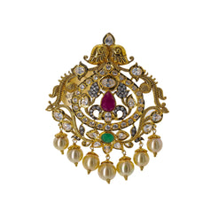 22K Yellow Gold Pendant W/ Emeralds, Rubies, CZ Gemstones & Hanging Pearls, 26.4gm - Virani Jewelers