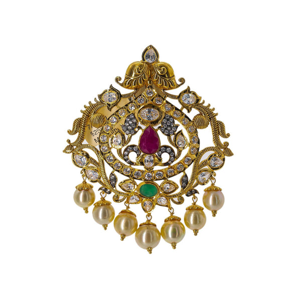 22K Yellow Gold Pendant W/ Emeralds, Rubies, CZ Gemstones & Hanging Pearls, 26.4gm - Virani Jewelers | Grace your final look with a touch of gold and precious gemstone jewelry such as this 22K yellow ...
