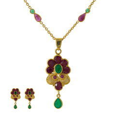 22K Yellow Gold Pendant Necklace, Earrings & Rings Set W/ Rubies & Emeralds - Virani Jewelers