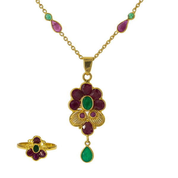 22K Yellow Gold Pendant Necklace, Earrings & Rings Set W/ Rubies & Emeralds - Virani Jewelers | Dive into the deep hues of this 22K yellow gold pendant necklace, earrings & ring set from Vi...