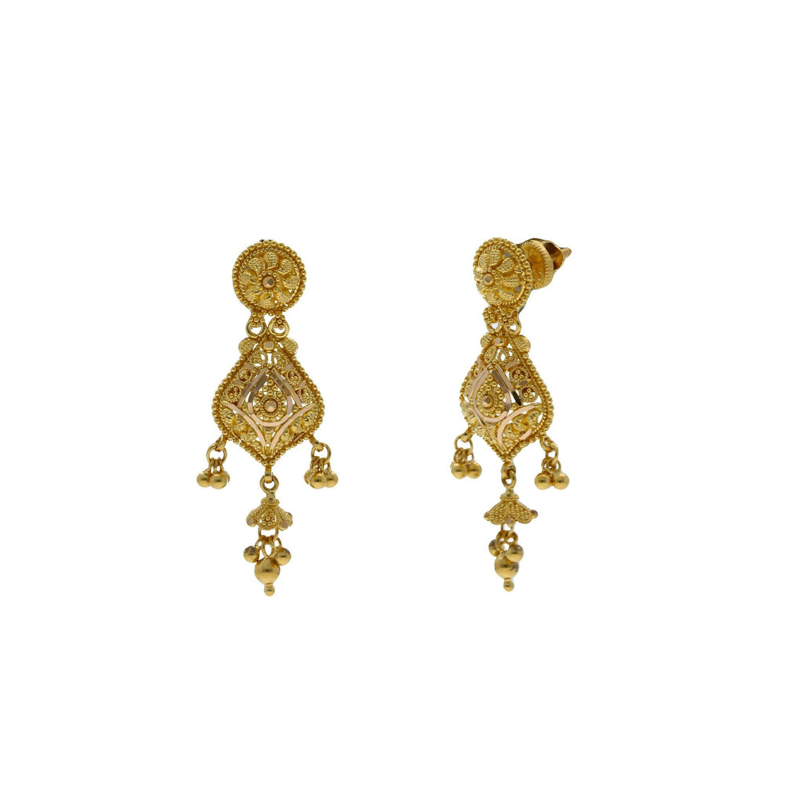 22K Yellow Gold Pendant Earrings Set w Heart Frame Filigree Drop Gold Balls
