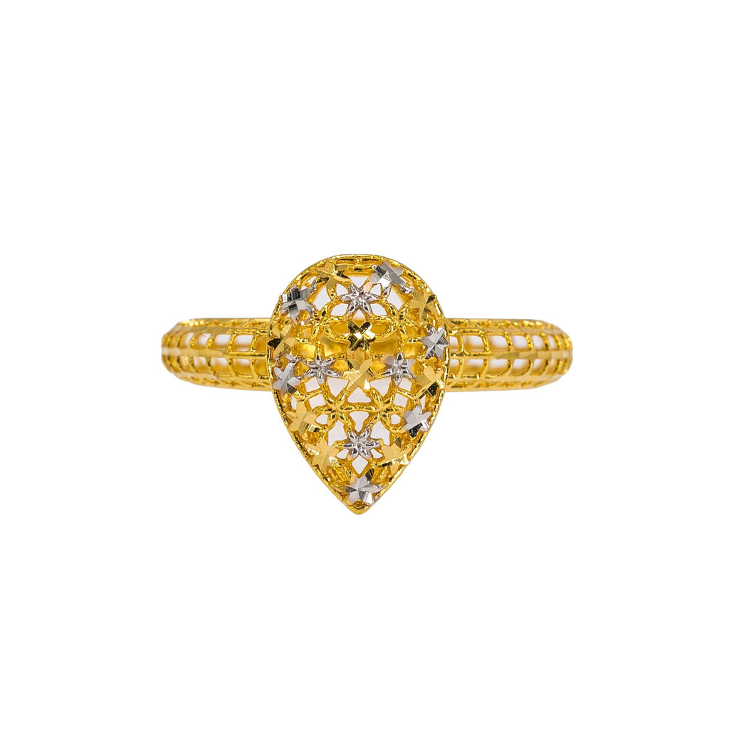 22K Multi Tone Gold Ring W/ Fenced Shank & Teardrop Accent - Virani Jewelers | Glamour and luxury go hand in hand with this elegant 22K multi tone gold women’s ring from Virani...