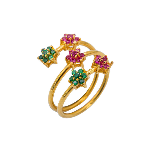 22K Yellow Gold CZ Ring W/ Cluster Flowers & Spring Band - Virani Jewelers | Spring into luxury with the colorful cluster flowers and coiled band of this 22K yellow gold CZ r...