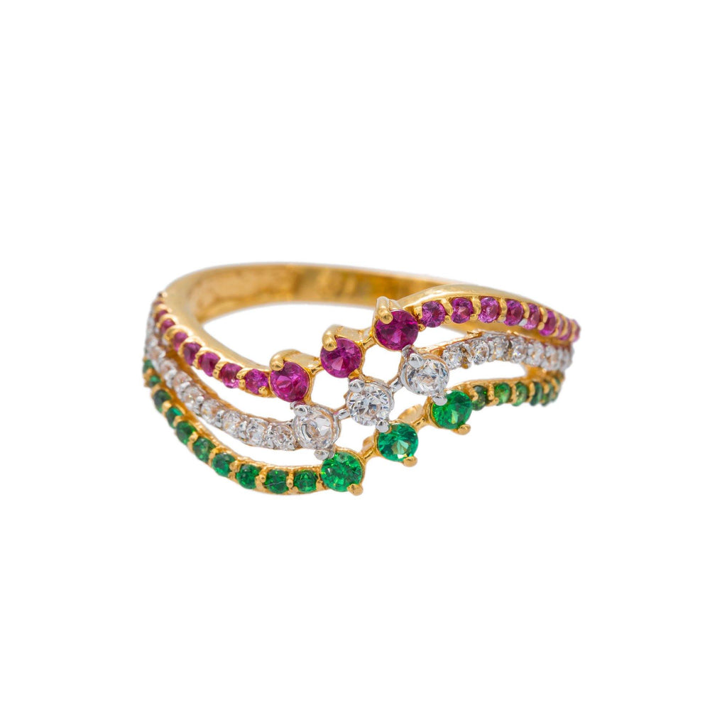 22K Yellow Gold CZ Ring W/ Three-Split Swirl Shank - Virani Jewelers | Enjoy the wave of design in this colorful 22K yellow gold CZ ring Virani Jewelers!
Features:
• Fl...
