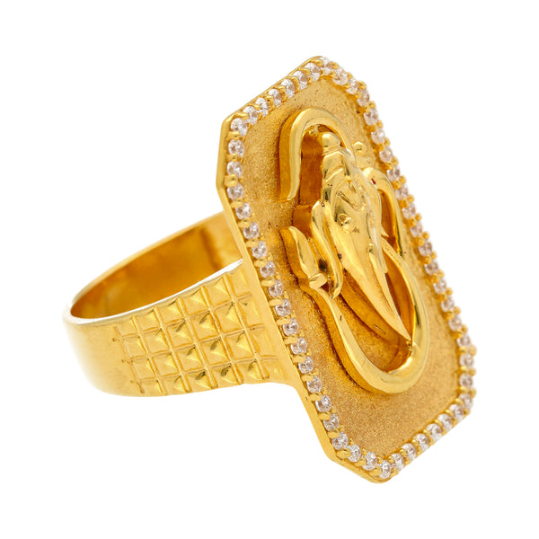 22K Yellow Gold  & CZ Men's Lord Ganesh Shield Ring | This 22K gold ring with Lord Ganesha has a powerful presence and masculine appeal. It features th...