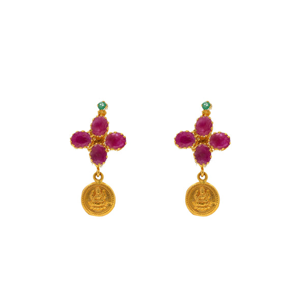 An image of the Indian gold earrings with rubies and an emerald from Virani Jewelers. | Combine color and style with this festive 22K gold necklace set from Virani Jewelers!

Crafted wi...