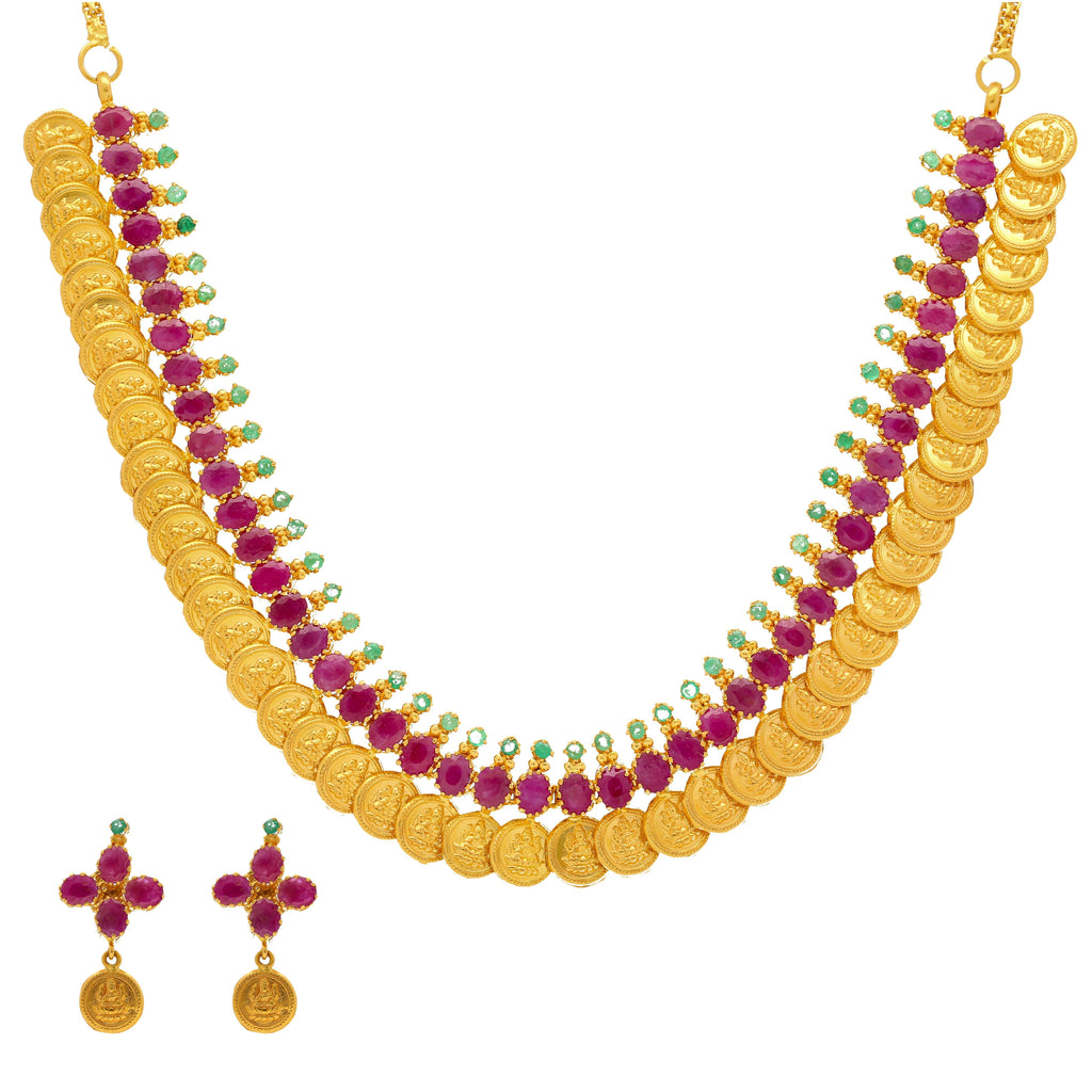An image of the 22K gold necklace set from Virani Jewelers. | Combine color and style with this festive 22K gold necklace set from Virani Jewelers!

Crafted wi...