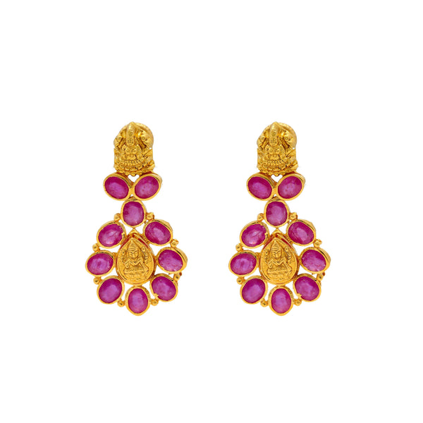 An image of the Indian gold earrings with ruby embellishments from Virani Jewelers. | Celebrate your culture in style with a beautiful 22K gold necklace set from Virani Jewelers!

Des...