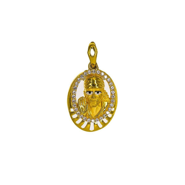 22K Yellow Gold Sai Baba Pendant W/ CZ Gems, Hand Paint & Round Frame - Virani Jewelers | 22K Yellow Gold Sai Baba Pendant W/ CZ Gems, Hand Paint & Round Frame for men and women. This...