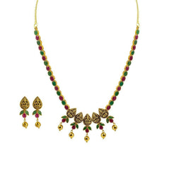22K Yellow Gold Set Necklace & Earrings W/ Rubies, Emeralds & Pear-Shaped Laxmi Coins - Virani Jewelers