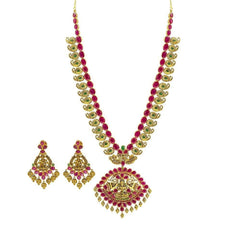 22K Yellow Gold Set Necklace & Earrings W/ Rubies & Emeralds on Laxmi Eyelet Pendant & Engraved Mango Accents - Virani Jewelers