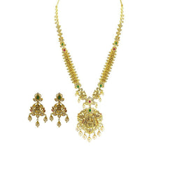 22K Yellow Gold Set Necklace & Earrings W/ Rubies, Emeralds, Pearls and CZ on Chandelier Laxmi Pendant - Virani Jewelers
