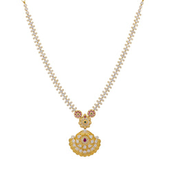 An image of the 22K gold necklace with emeralds, rubies, and uncut diamonds from Virani Jewelers.
