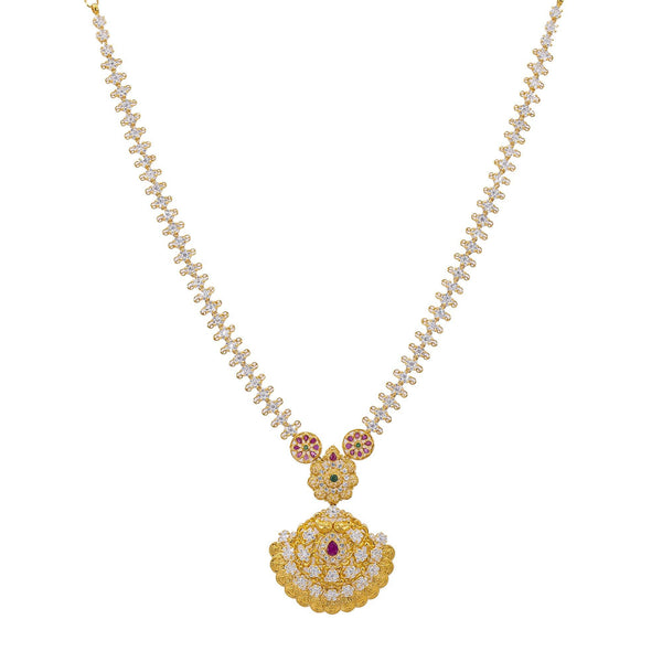 An image of the 22K gold necklace with emeralds, rubies, and uncut diamonds from Virani Jewelers. | Add a little sparkle to your attire with this gorgeous 22K gold necklace from Virani Jewelers!

D...