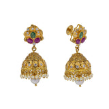 An image showing the post on one of the 22K gold earrings with emeralds, pearls, rubies, and diamonds from Virani Jewelers. | Stand out from the crowd with this gorgeous 22K gold necklace set from Virani Jewelers!

Features...