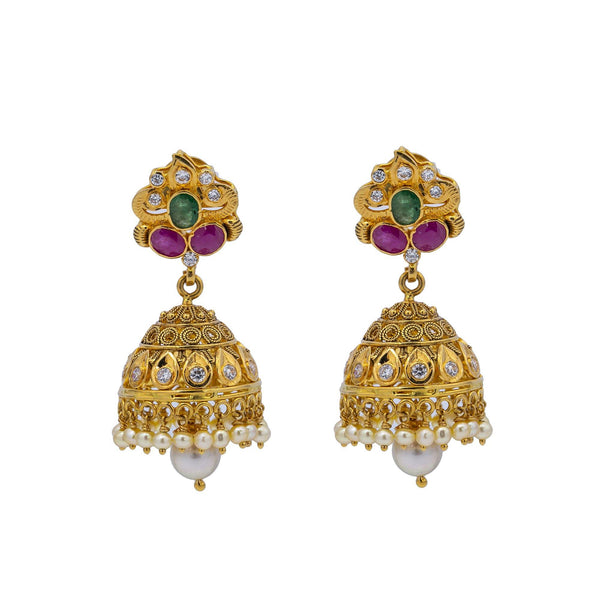 An image of the Ananya 22K gold earrings with emeralds, rubies, diamonds, and pearls from Virani Jewelers. | Stand out from the crowd with this gorgeous 22K gold necklace set from Virani Jewelers!

Features...